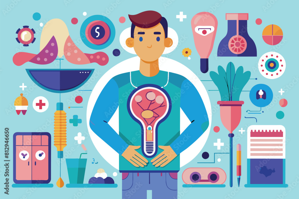 Poster a man is standing in front of a diverse array of items, man infertility customizable flat illustrati