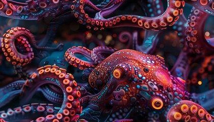 Obraz premium Bring to life the ethereal essence of a cybernetic octopus, its iridescent tentacles intertwining with mechanical gears, gliding through a bioluminescent underwater world