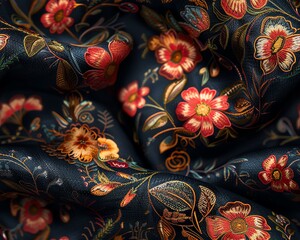 Capture a close-up of a vintage floral embroidered fabric