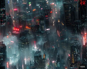 Capture a dystopian cityscape from a tilted angle view