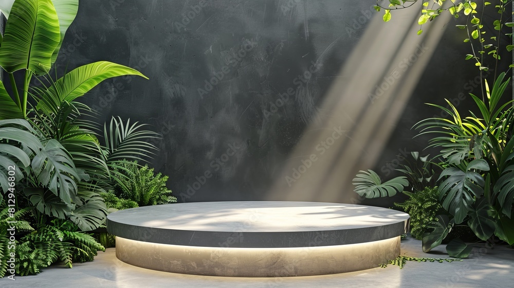 Poster an illuminated display countertop or stage podium adorned with green plants serves as a backdrop for