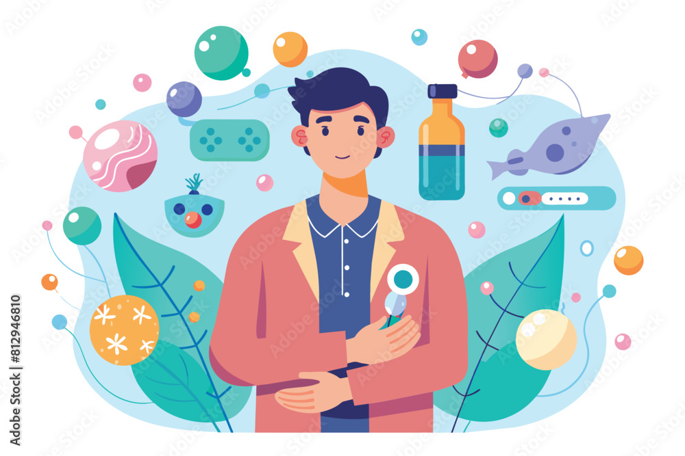 Poster a man standing in front of a collection of diverse objects in a semi-flat style illustration, man in