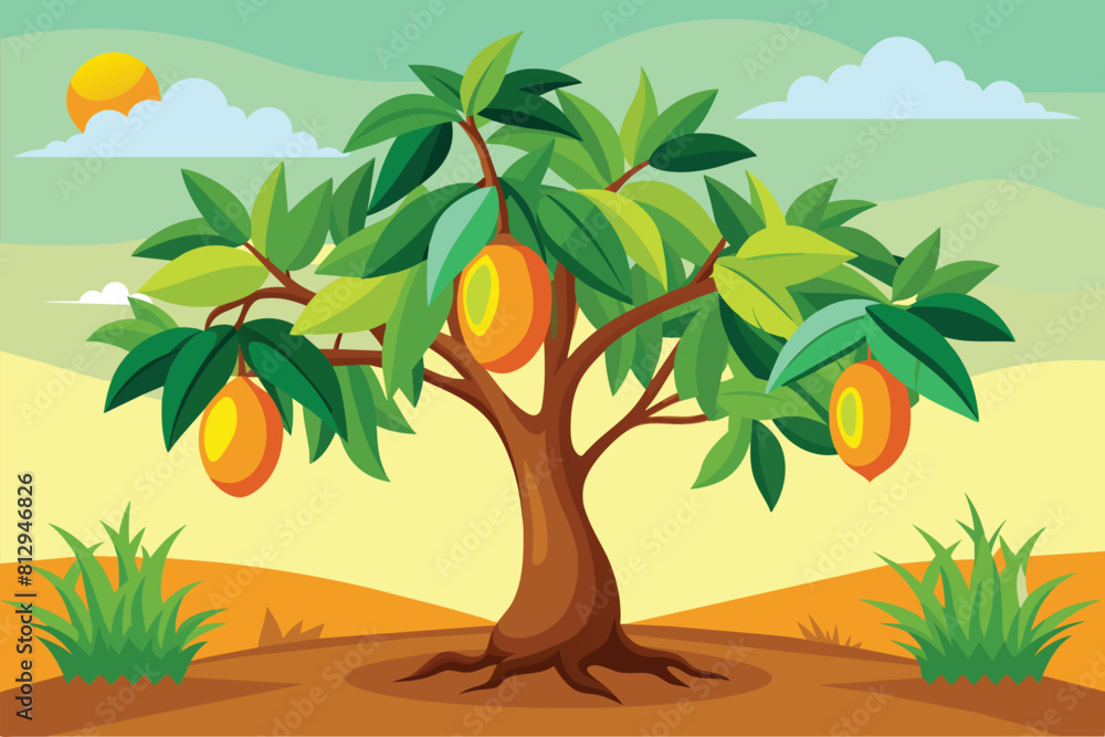 Canvas Prints A cartoon illustration of a mango tree bearing oranges, Mango tree Customizable Flat Illustration