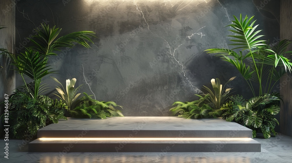Poster an illuminated display countertop or stage podium adorned with green plants serves as a backdrop for
