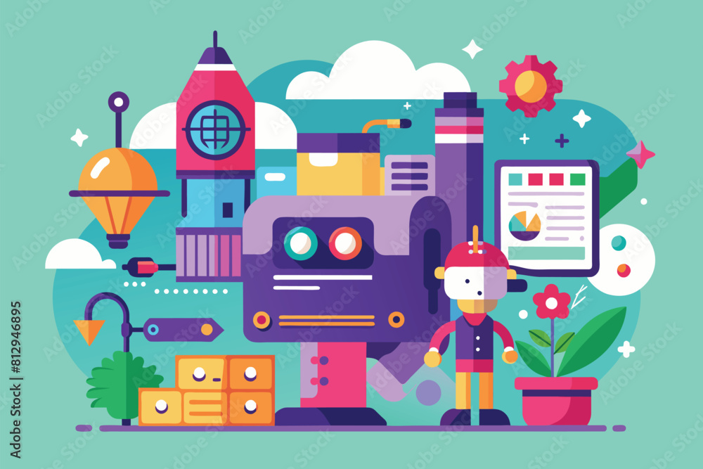 Poster a person is standing in front of a purple robot in a futuristic setting, manipulation customizable f