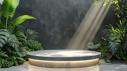 An illuminated display countertop or stage podium adorned with green plants serves as a backdrop for beauty and nature advertising concepts in a 3D rendering.