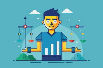A man in a blue shirt holds a scale while a balance scale is seen in the background, Manipulation Customizable Disproportionate Illustration