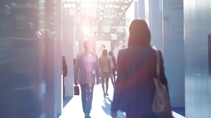 business people walking between trade show booths ideal for websites and magazines layouts : Generative AI