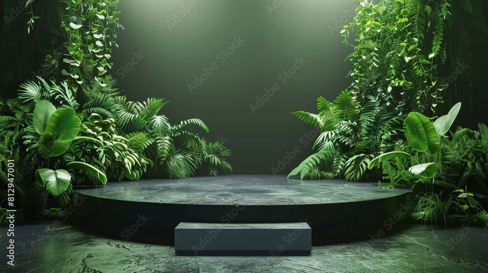 Poster an illuminated display countertop or stage podium adorned with green plants serves as a backdrop for
