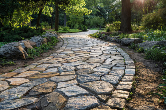 Winding stone pathway through a historic park, detailed craftsmanship with vintage paving styles.. AI generated. - Powered by Adobe