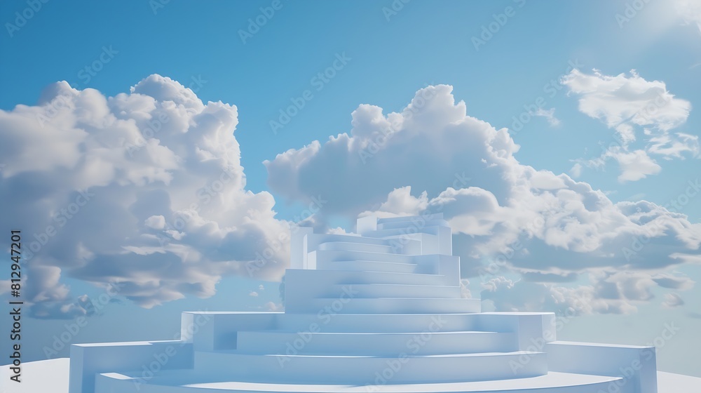 Aufkleber Front view of white podium and stairway with blank space in blue cloudy sky background abstract content : Generative AI