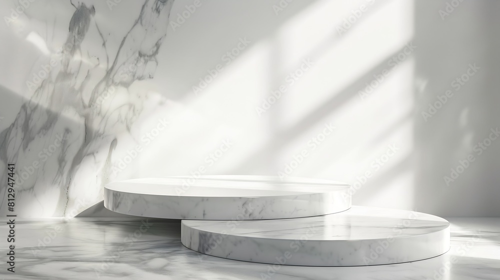 Poster white scene backdrops marble product display gray background with sunny light studio empty pedestal 