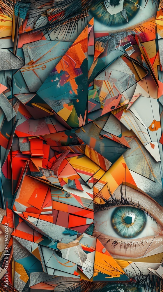 Aufkleber capture the essence of the cubist movement through a worms-eye view in a virtual reality setting pla