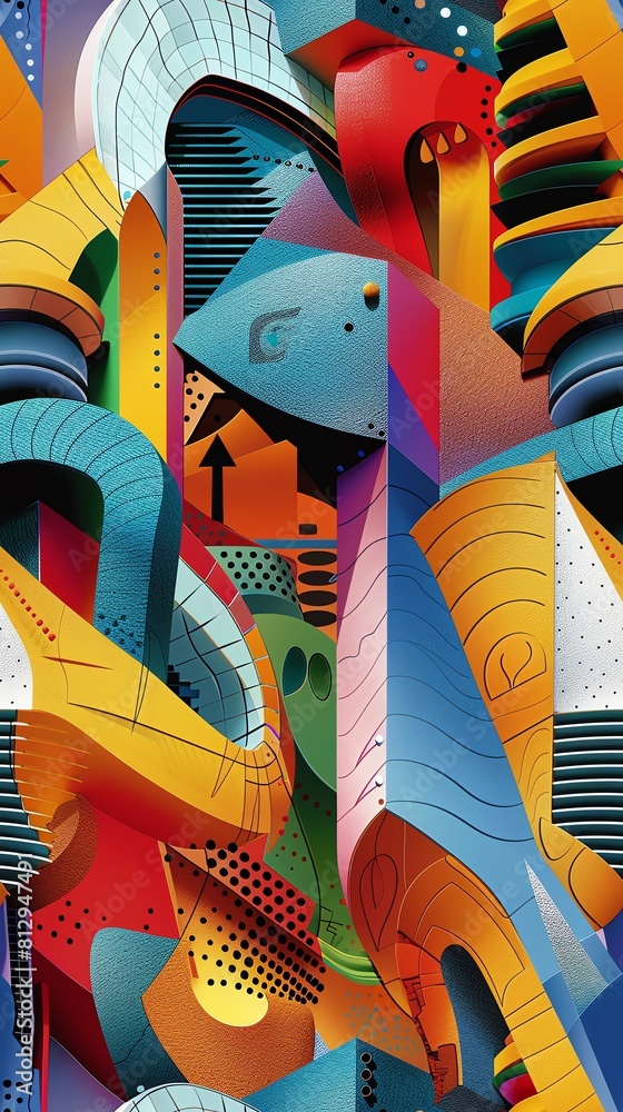 Aufkleber capture the essence of the cubist movement through a worms-eye view in a virtual reality setting pla