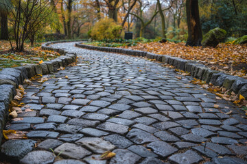 Winding stone pathway through a historic park, detailed craftsmanship with vintage paving styles.. AI generated.