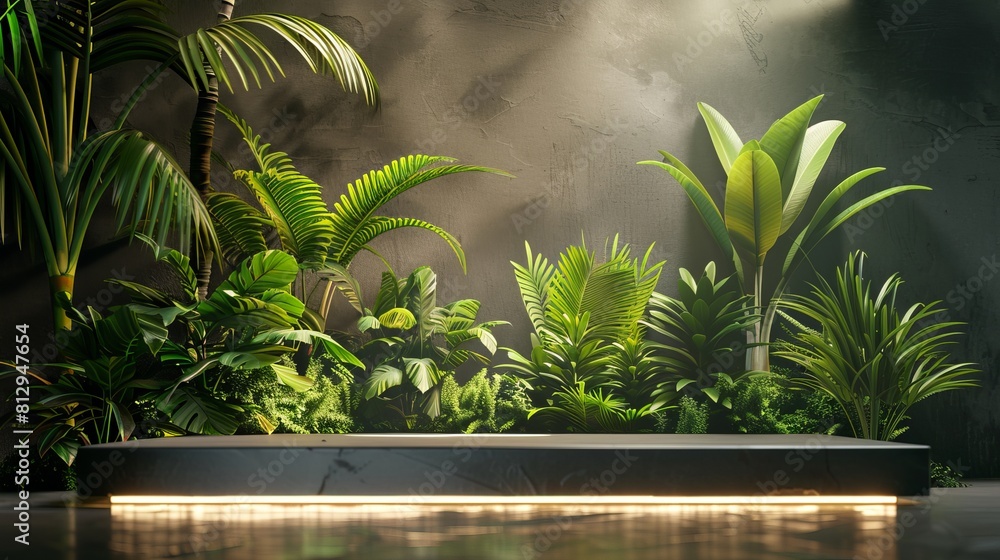 Poster an illuminated display countertop or stage podium adorned with green plants serves as a backdrop for