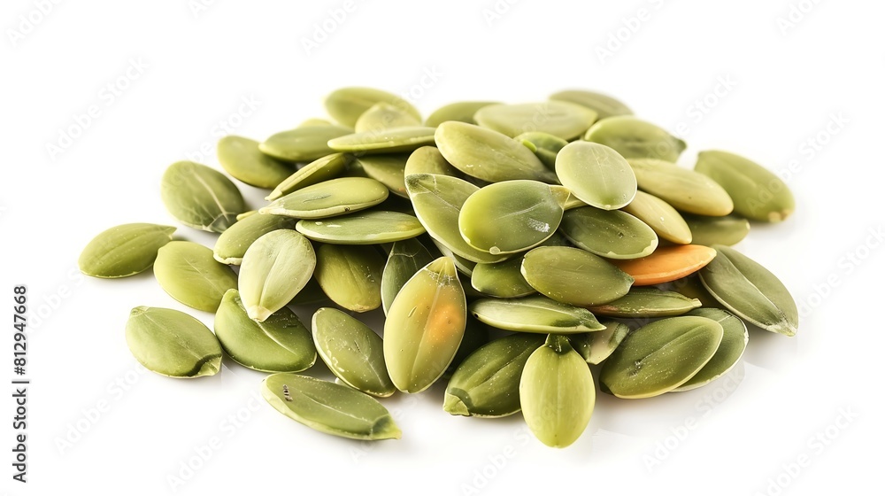 Poster Green pumpkin seeds isolated on white background Scattered seed Package design element with clipping path : Generative AI