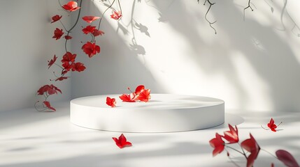 Background for cosmetic products white concrete scene with geometric shapes and red exotic flower Concrete round white podium Empty showcase for packaging product presentation Mock up  : Generative AI