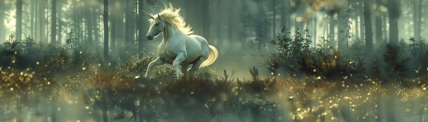 Capture the majestic unicorn galloping through a misty forest, seen from a birds eye view, their iridescent mane shimmering under the moonlight