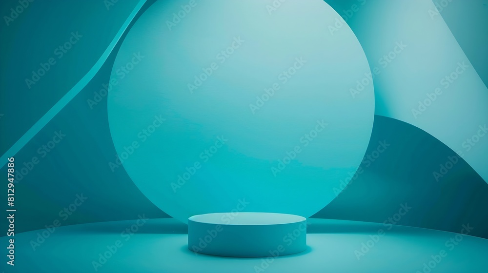 Poster Abstract light blue color background Top view to round geometric shape turquoise podium for product display and geometric shape colored paper background : Generative AI