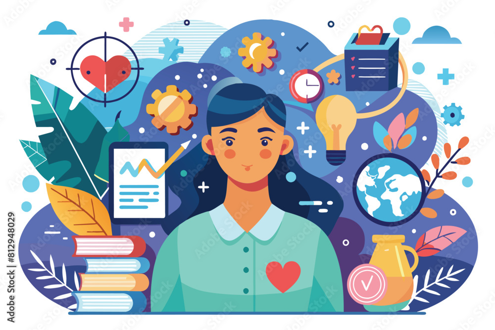 Poster a woman stands amidst a diverse array of objects, creating a busy and dynamic scene, mental health c