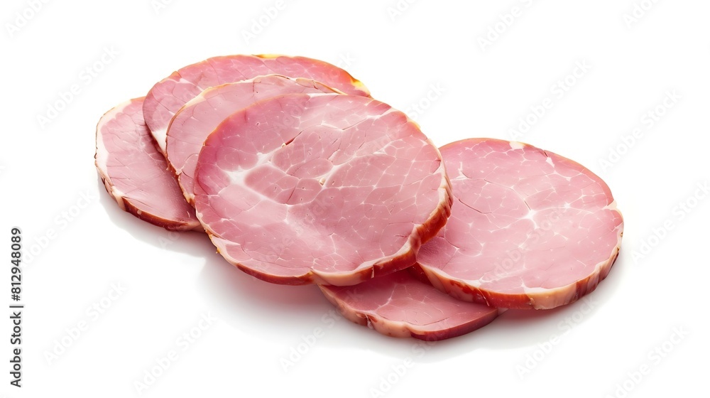 Poster round pieces of ham isolated on white background with clipping path five pieces of pork ham cut into slices laid out to create layout italian food : Generative AI