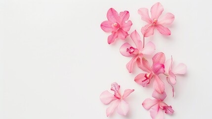 Fototapeta premium Orchid flowers creative layout isolated on white background Pink flower composition Holiday concept Floral design element Top view flat lay : Generative AI