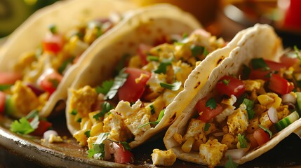 Vegan breakfast tacos with tofu scramble, closeup, fresh morning light, colorful toppings