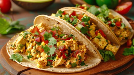 Vegan breakfast tacos with tofu scramble, closeup, fresh morning light, colorful toppings