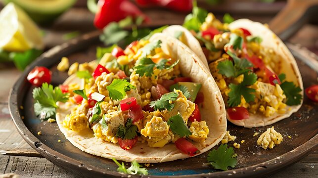 Vegan breakfast tacos with tofu scramble, closeup, fresh morning light, colorful toppings