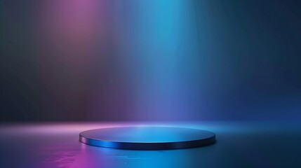 Abstract minimal scene  empty stage circle podium on dark blue background with rainbow crystal light refraction sparkles Pedestal for cosmetic product and packaging mockups display pre : Generative AI