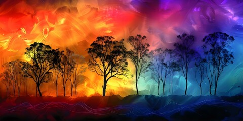 Australian outback silhouette with gum trees under colorful sky in Aboriginal Flag colors. Concept Australian Outback, Silhouette, Gum Trees, Colorful Sky, Aboriginal Flag Colors