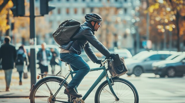 A man rides a bicycle down a street with a backpack on his back. The scene is bustling with activity, with several cars and people walking around. The man is wearing a helmet and he is in a hurry