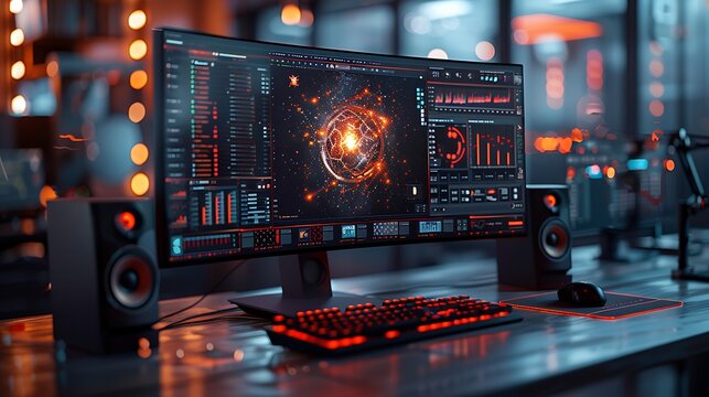 Hyperrealistic portrayal of a monitor with quantum computing analytics visualization, focusing on intricate details of quantum mechanics and computational simulations.