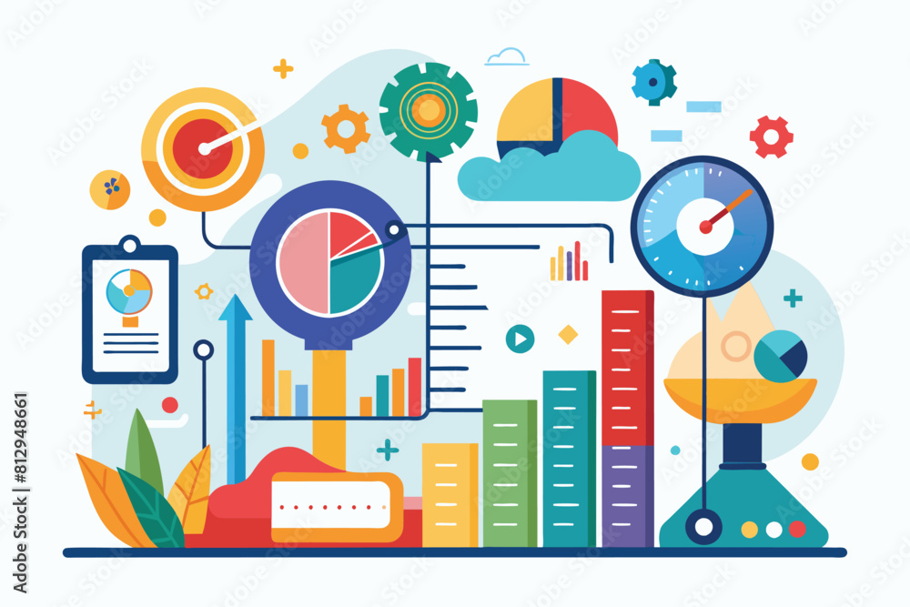 Poster various objects and elements in a customized flat design layout with disproportionate illustrations,