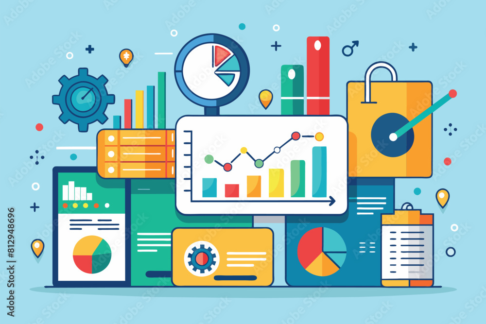 Poster a tablet displaying a chart on its screen, metrics customizable flat illustration