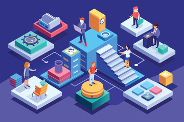 A group of people standing on a staircase, looking towards the camera, Methodology comparison Customizable Isometric Illustration