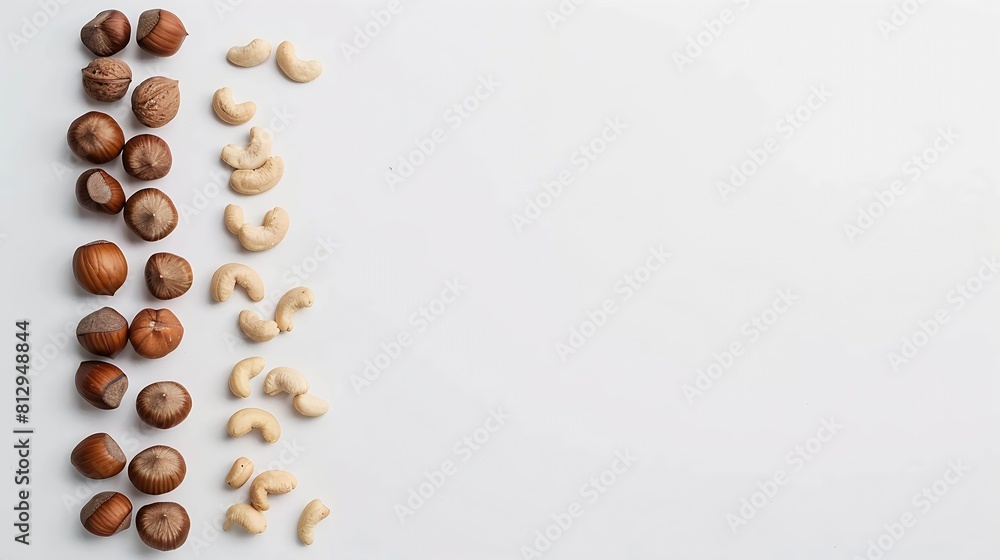 Poster creative layout made of hazelnut nuts almonds walnut peanut cashew on white backgroundflat lay food 