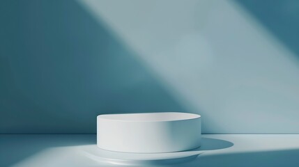 Fototapeta premium Abstract empty white podium with geometric shadows on blue background Mock up stand for product presentation 3D Render Minimal concept Advertising template : Generative AI