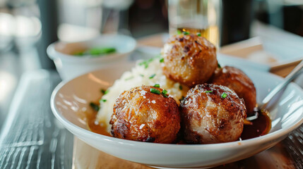 Delicious swedish meatballs and creamy mashed potatoes with chives, served with sweet lingonberry sauce