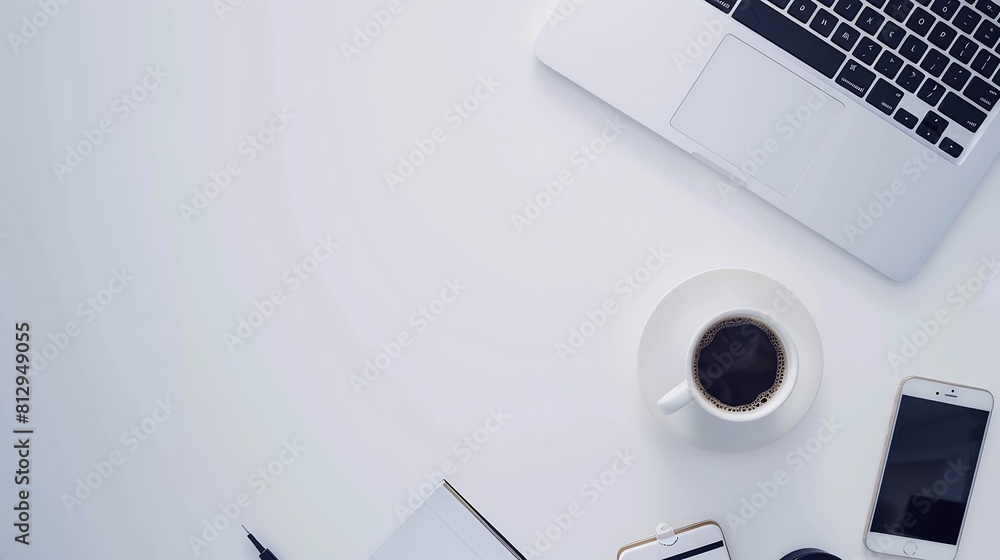 Poster top view of white office desk with laptop smartphone cup of coffee and supplies top view with copy s