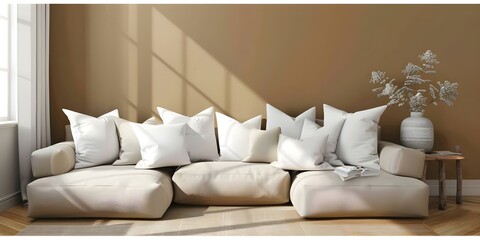 Mockup of a beige living room with soft cushions and white pillows. Concept Living Room Design, Beige Color Scheme, Soft Furnishings, White Pillows, Mockup Presentation