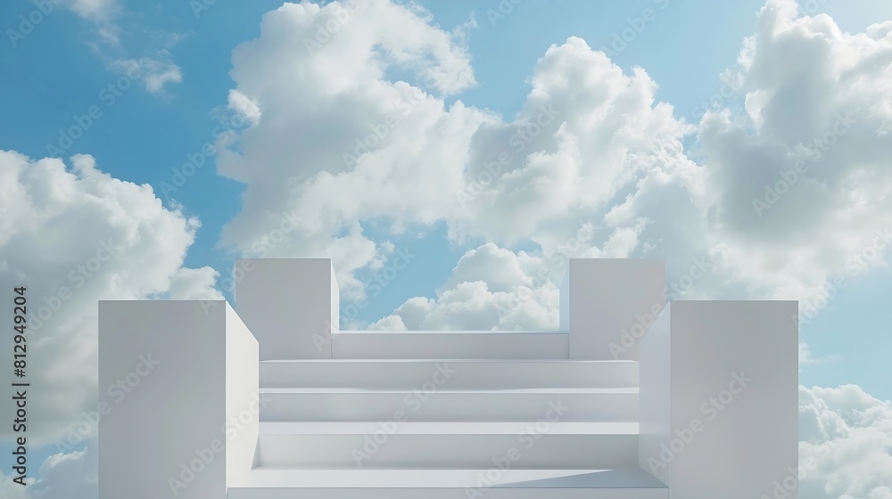 Aufkleber Front view of white podium and stairway with blank space in blue cloudy sky background abstract content : Generative AI