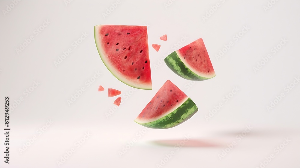Poster Fresh raw watermelon falling in the air isolated on white background Food levitation or zero gravity conception igh resolution image : Generative AI