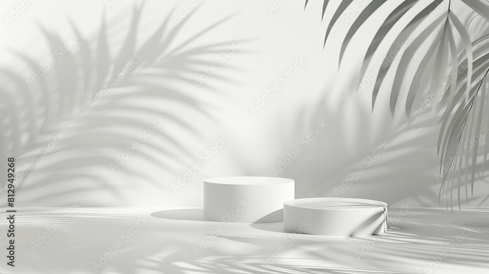 Poster White empty stands on light background with palm shadows overlay Abstract podium product display : Generative AI