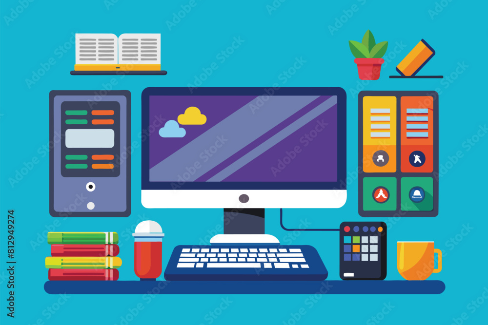 Poster a modern desktop computer placed on top of a desk in an office setting, modern desktop computer cust