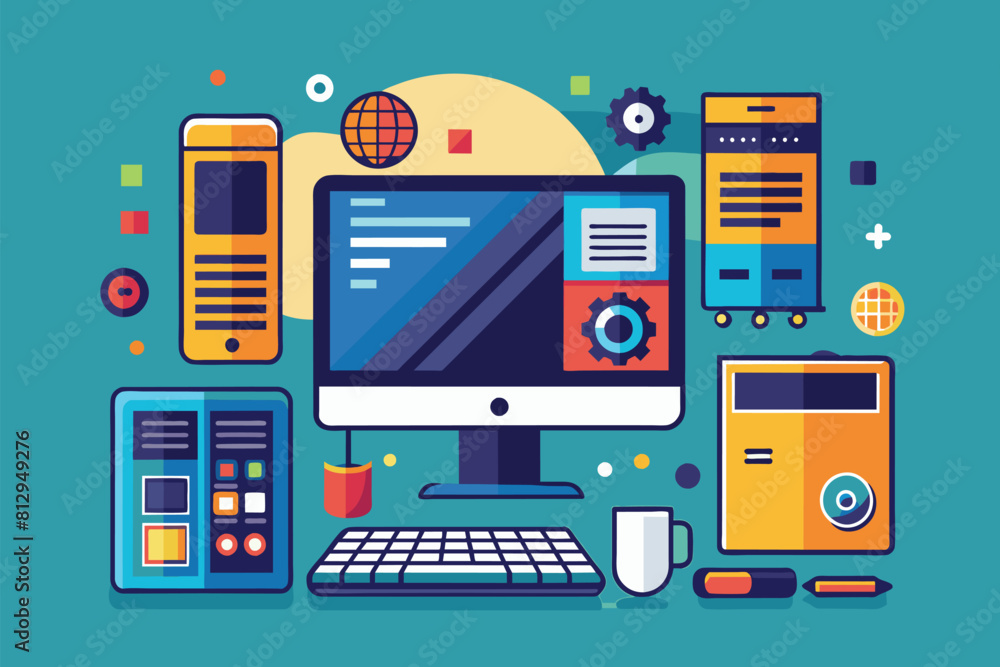 Poster a modern desktop computer placed on top of a desk in a room, modern desktop computer customizable di