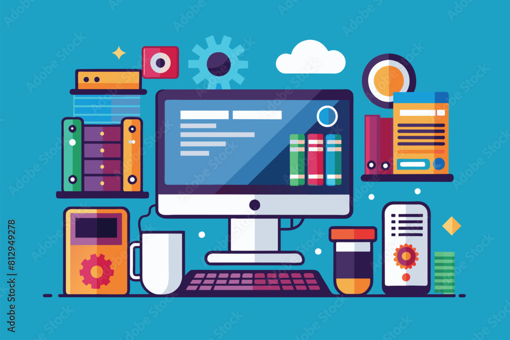 Poster a modern desktop computer sits on top of a desk in an office setting, modern desktop computer custom
