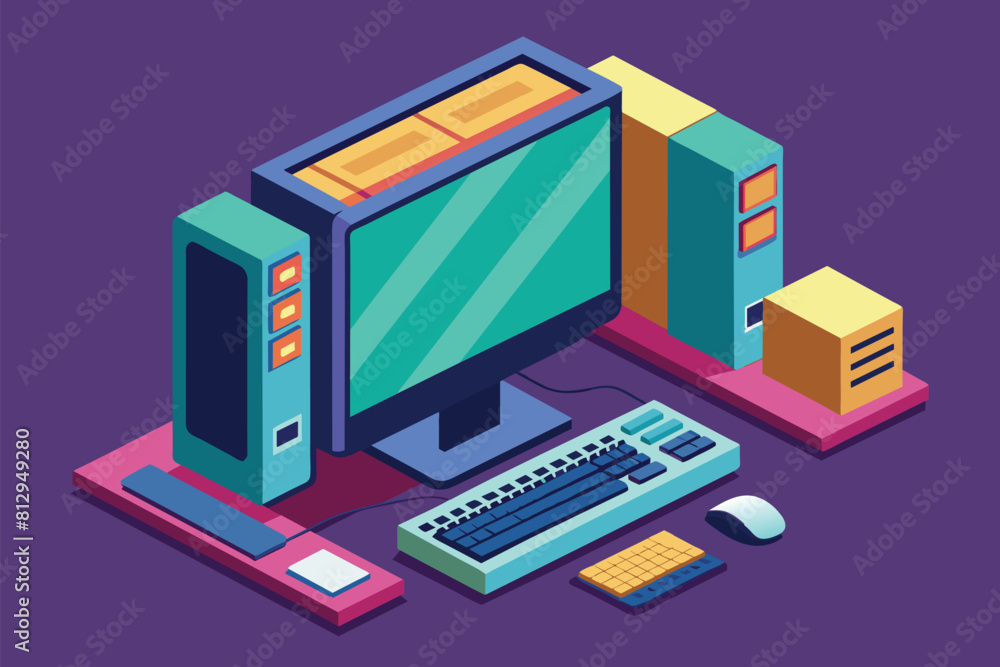 Poster a modern desktop computer with a keyboard, mouse, and monitor set up for use, modern desktop compute