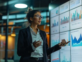 A woman in a suit stands in front of a large monitor displaying graphs and charts. She is pointing at the screen, likely explaining the data to someone else. Concept of professionalism and expertise